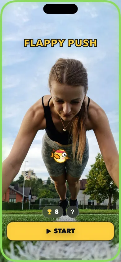 Flappy Push home screen: a woman in push-up position seen by the camera, with the bird, a best score of 8 and the START button