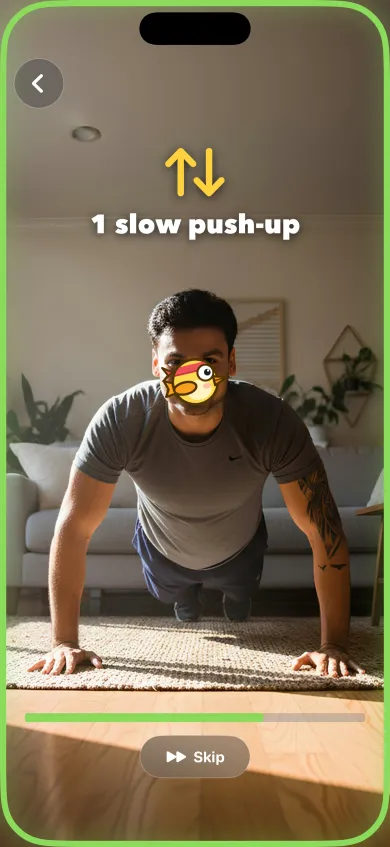 Calibration screen asking for one slow push-up, with a man in push-up position