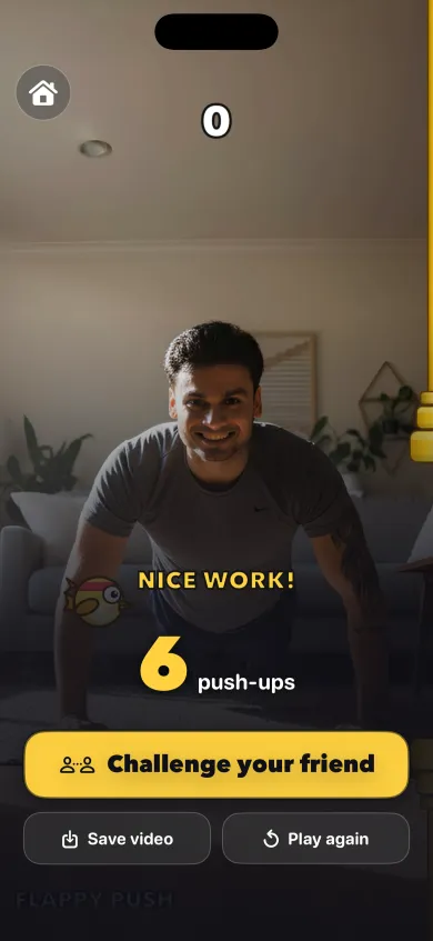 Game over screen showing 6 push-ups and the Challenge your friend button